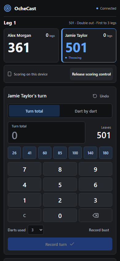The same match on a phone, with large scoring buttons.
